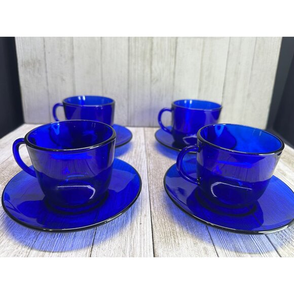 Vtg Cobalt Blue Cups 2.75" Tall and Saucers 5" DIA Depression Glass - Set of 4 - Picture 2 of 12